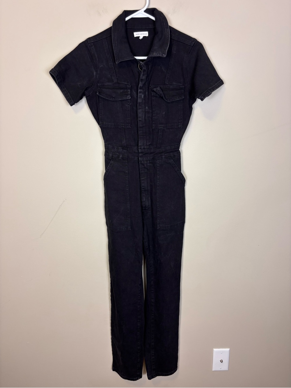 Good American Black Short-Sleeve Denim One-Piece Jumpsuit 1= Small or Size 4